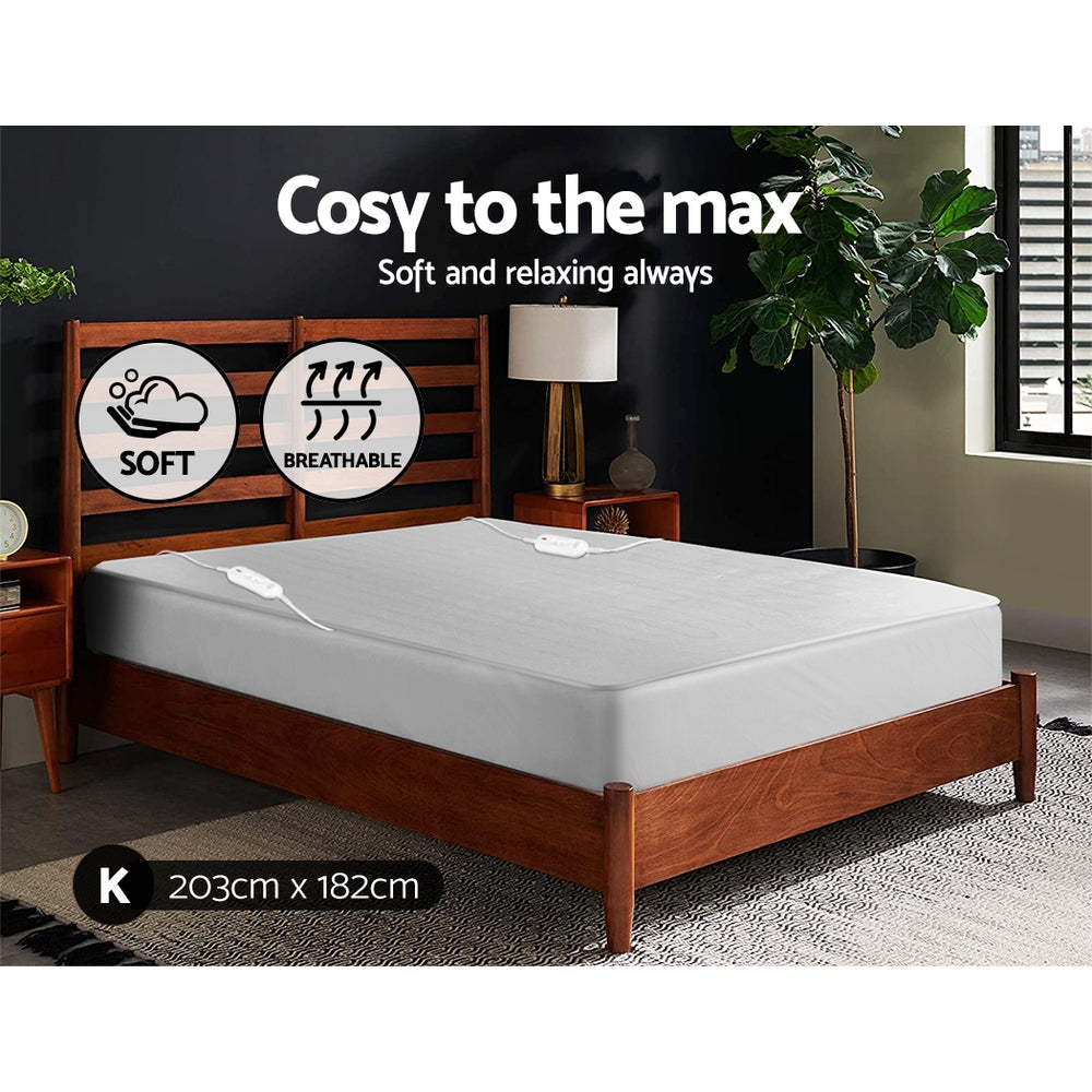 King size electric blanket on wooden bed, soft breathable, 203x182cm, modern bedroom setting