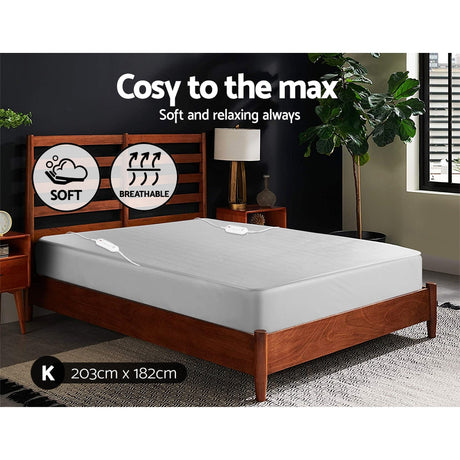King size electric blanket on wooden bed, soft breathable, 203x182cm, modern bedroom setting
