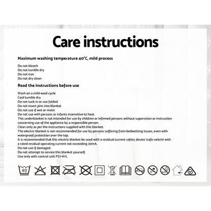 Electric blanket care instructions leaflet with washing, drying, and safety symbols.