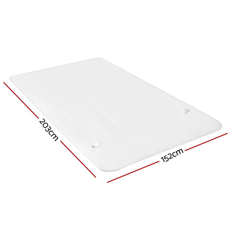 Clear plastic mattress protector, queen size 203cm x 152cm, displayed on white background