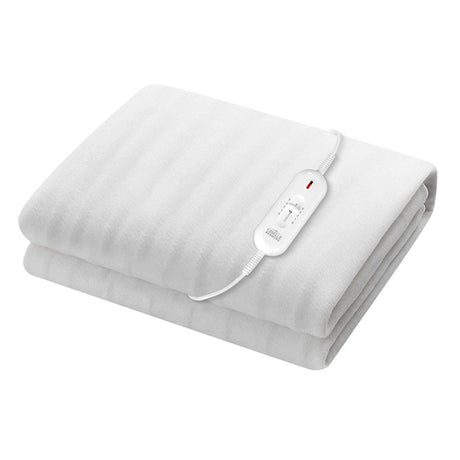 White electric heated blanket with attached controller on plain background