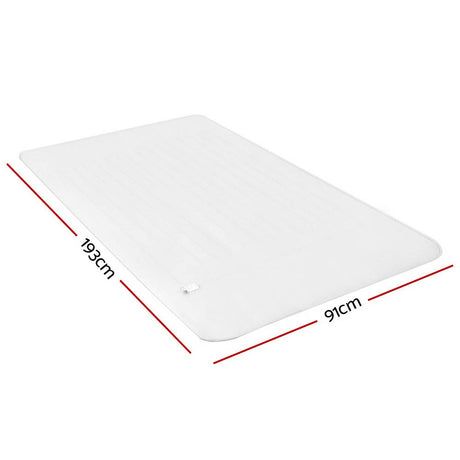 Single size white electric blanket with 193cm by 91cm dimensions shown on a plain background