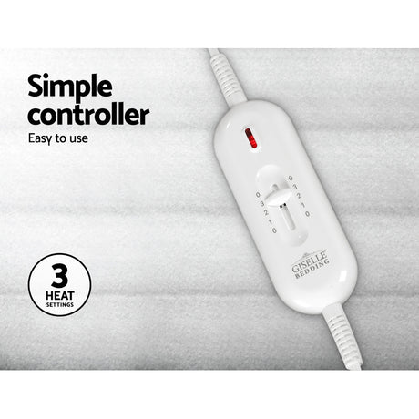 Electric blanket controller with three heat settings on a white quilted fabric surface