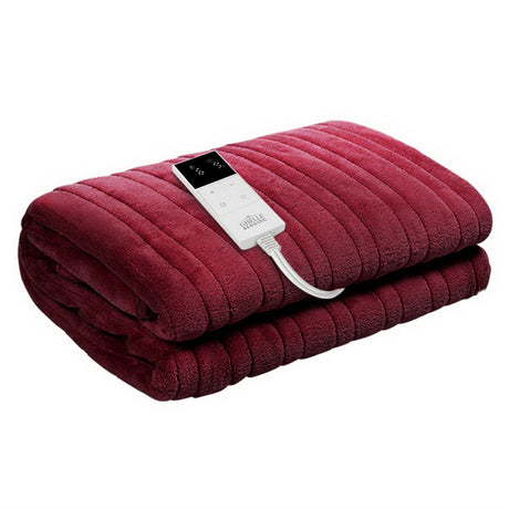 Folded burgundy electric throw blanket with digital controller on top