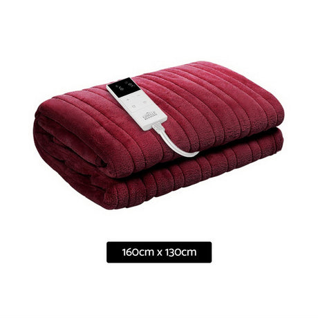 Plush burgundy electric heated throw blanket with digital controller, 160cm x 130cm.