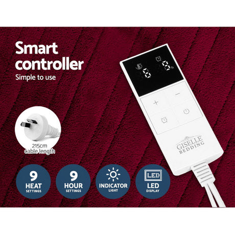 Electric blanket smart controller on red textured fabric with LED display and power plug