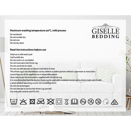 Care instructions for Giselle Bedding electric throw rug with laundry symbols displayed.