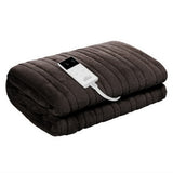 Folded dark grey electric heated blanket with digital controller on white background