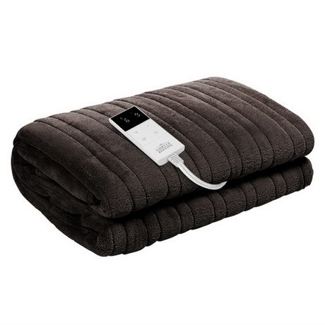 Folded dark grey electric heated blanket with digital controller on white background