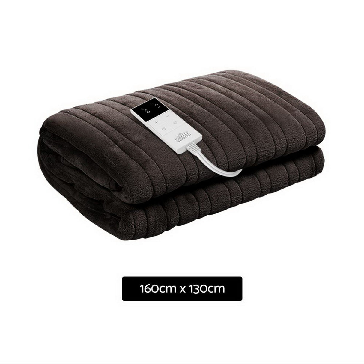 Dark grey electric throw blanket with remote control, size 160cm x 130cm, folded on white background
