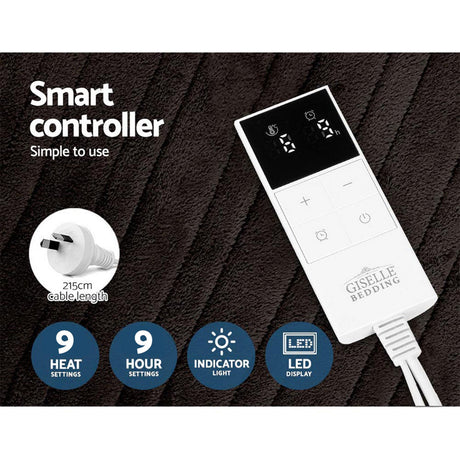 Electric blanket smart controller with LED display, heat and timer settings on dark fabric background