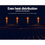 Illustration demonstrating even heat distribution with arrows and soft-heat warming wires.