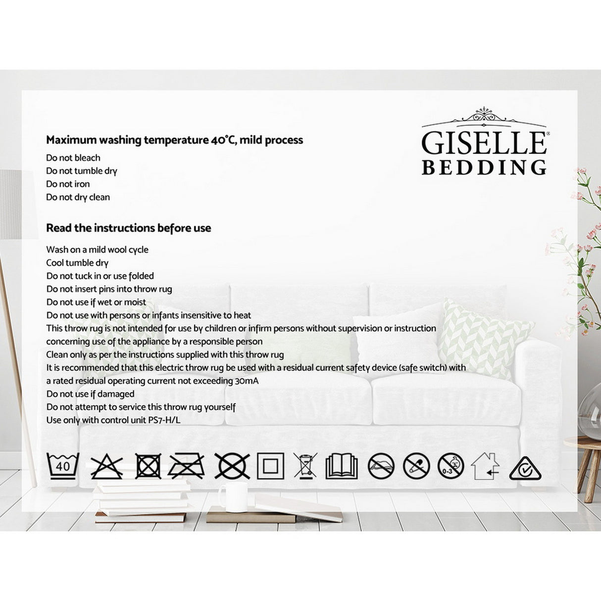 Washing and care instructions for Giselle electric throw rug displayed in front of a white sofa.