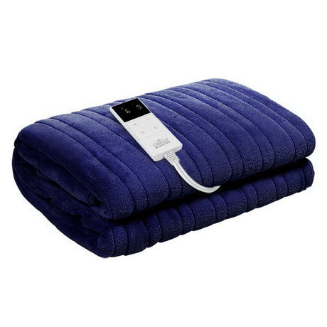 Navy blue electric heated throw blanket with digital control on white background