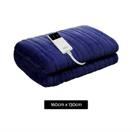 Navy blue electric throw rug with digital controller, size 160cm x 130cm, on white background