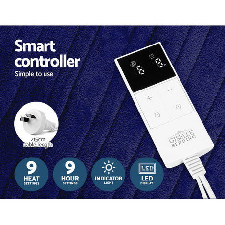 Electric heated throw rug with smart controller, LED display, and multiple heat settings on dark blue fabric.
