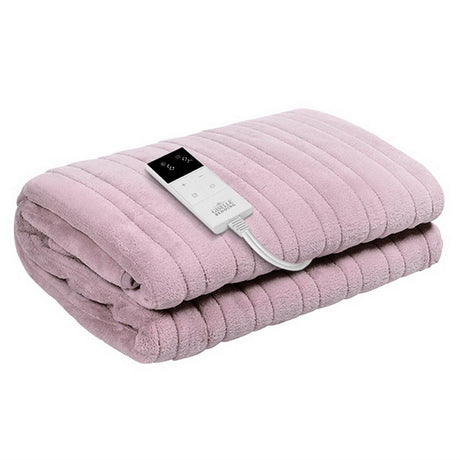 Pink electric heated throw blanket with remote control on white background
