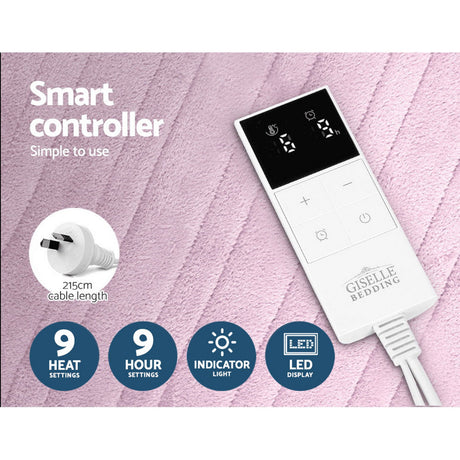 Heated throw rug with digital controller on a soft pink textured fabric, featuring 9 heat and 9 timer settings.