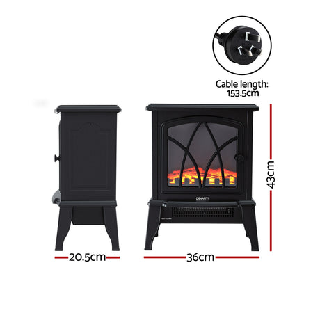 Black electric fireplace heater with realistic flame effect, dimensions 43x36x20.5cm, 153.5cm cable