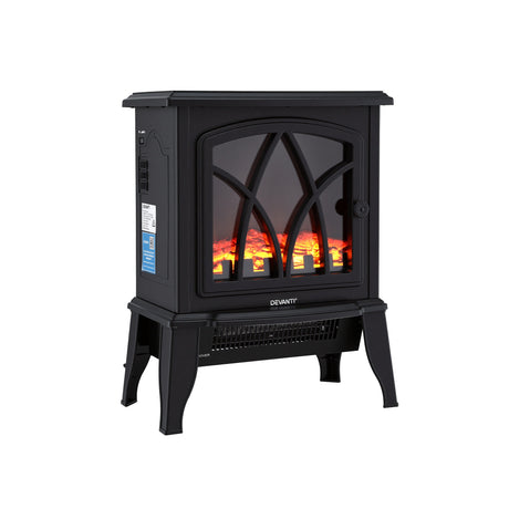 Black freestanding electric fireplace heater with glass front and realistic flame effect