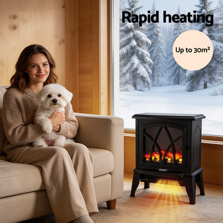 Woman with dog sitting by electric fireplace heater in cozy living room, rapid heating text visible.