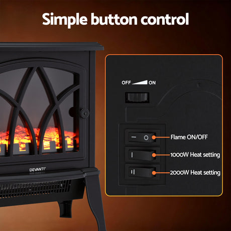 Electric fireplace heater with simple button controls and adjustable heat settings.