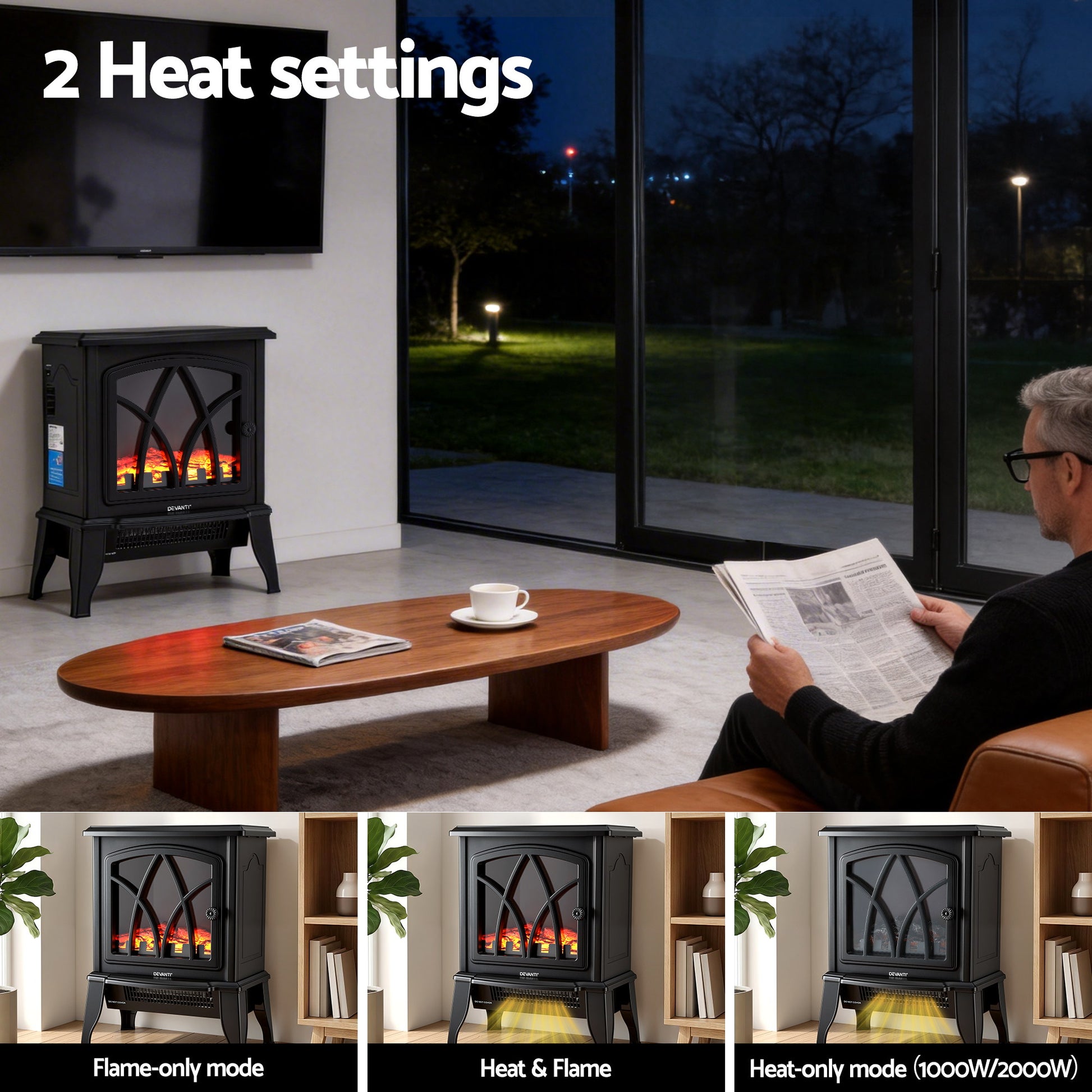 Electric fireplace heater with two heat settings in modern living room, night view, man reading