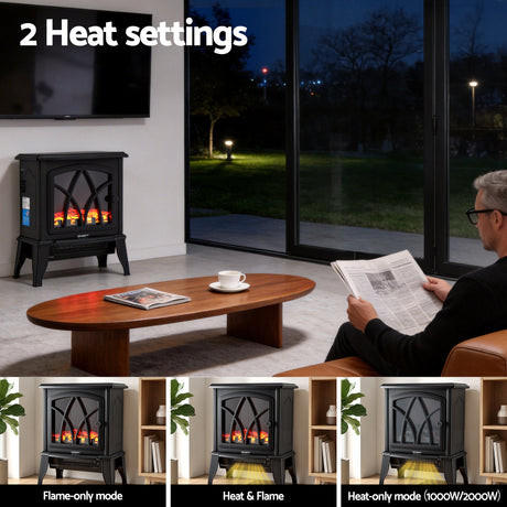 Electric fireplace heater with two heat settings in modern living room, night view, man reading