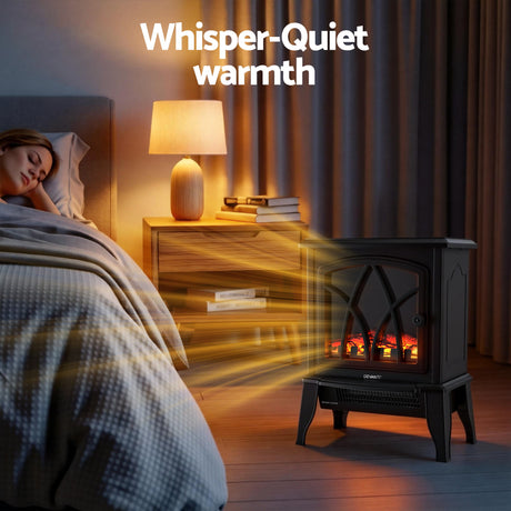 Electric fireplace heater providing quiet warmth in a cozy bedroom at night