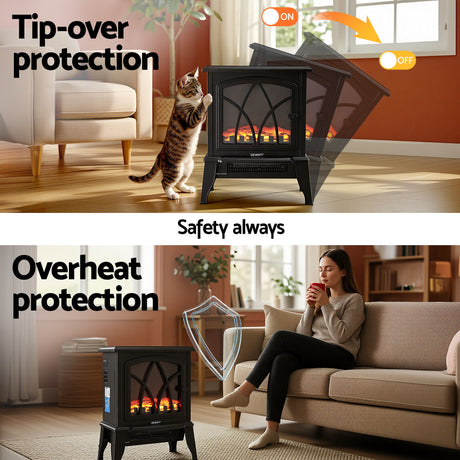 Electric fireplace heater with tip-over and overheat protection, cat and woman in cozy living room.
