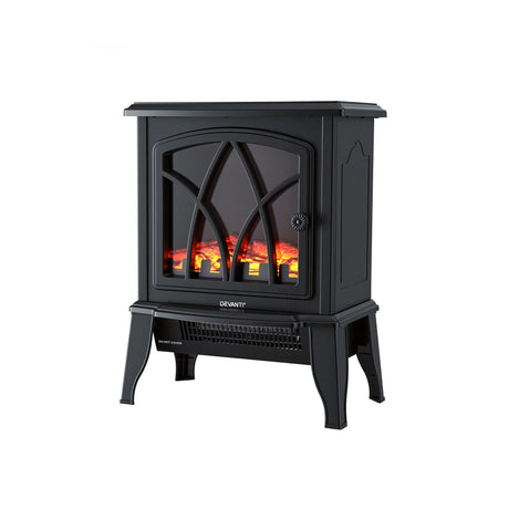 Black freestanding electric fireplace heater with realistic flame effect and glass door.
