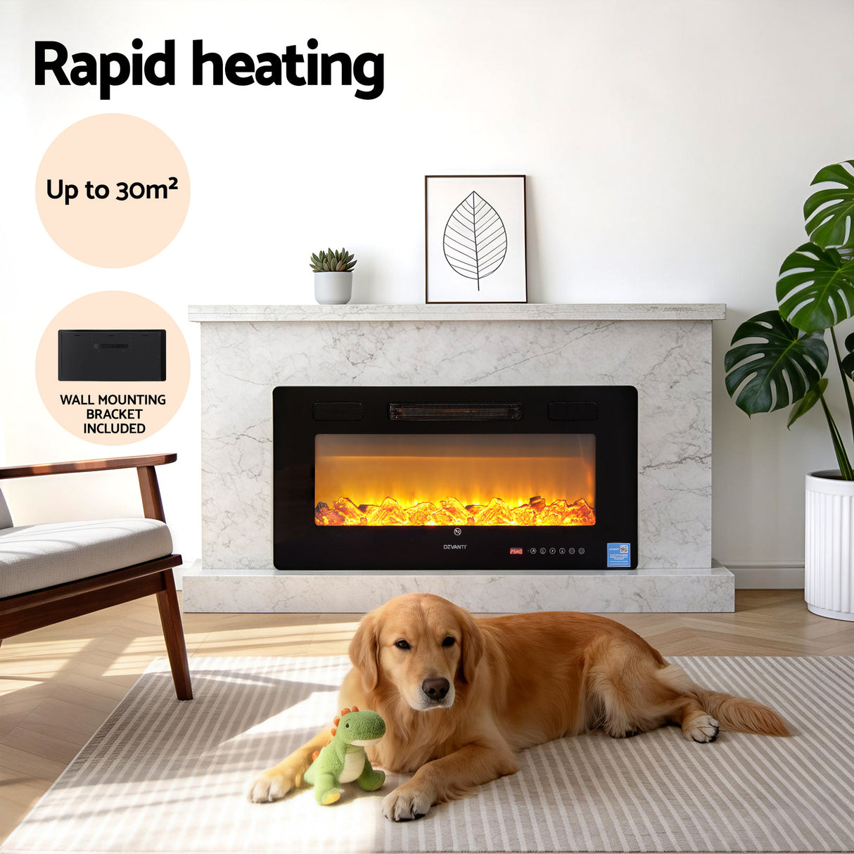 Electric fireplace heater with realistic flames in modern living room, golden retriever on rug