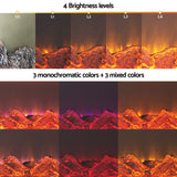 Electric fireplace log set showing 4 brightness levels and 6 color flame options.