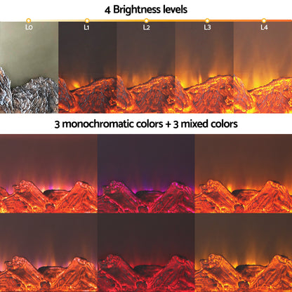 Electric fireplace log set showing 4 brightness levels and 6 color flame options.