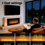 Modern living room with wall-mounted electric fireplace, two heat settings, and person reading.