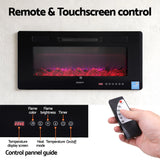 Wall-mounted electric fireplace with remote and touchscreen control, adjustable flame color and brightness, digital display, and temperature settings.