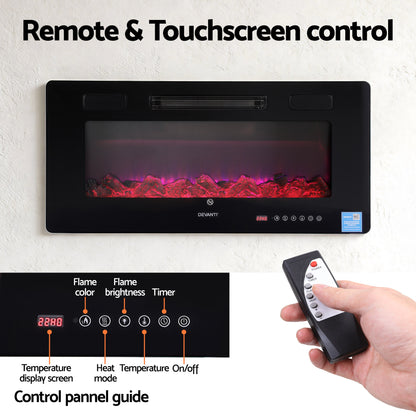 Wall-mounted electric fireplace with remote and touchscreen control, adjustable flame color and brightness, digital display, and temperature settings.
