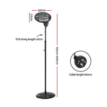 Black electric standing heater with pull cord, adjustable height, and measurement labels