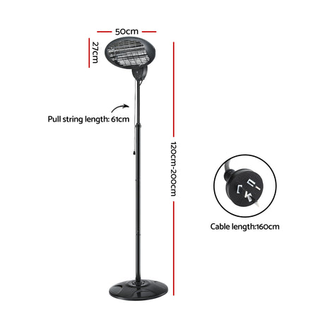 Black electric standing heater with pull cord, adjustable height, and measurement labels
