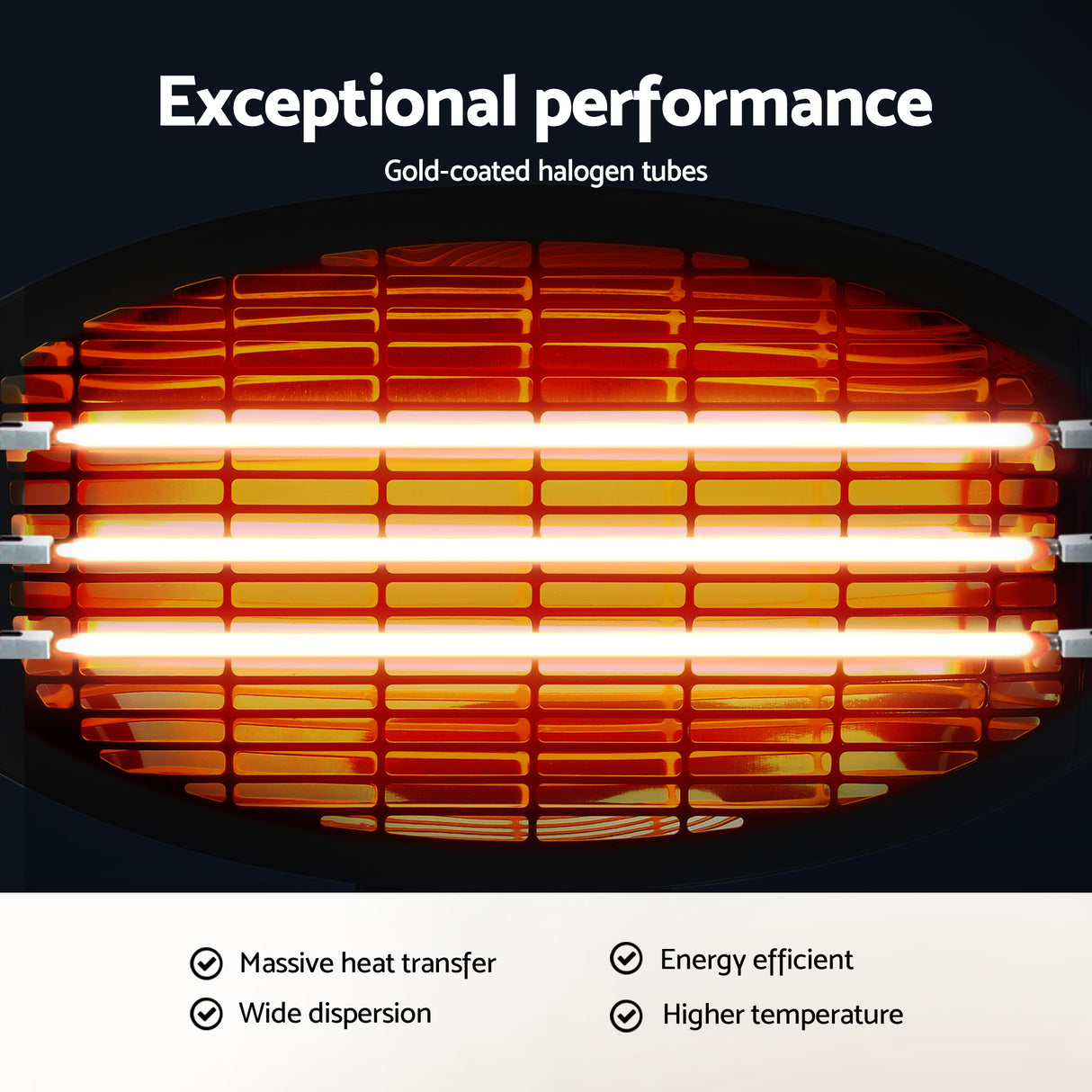 Close-up of gold-coated halogen heater tubes glowing with orange heat and grid pattern.