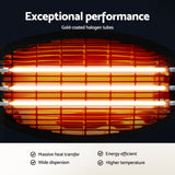 Close-up of gold-coated halogen heater tubes glowing with orange heat and grid pattern.