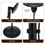 Black electric heater with 45° tilting head, heat level pull cord, sturdy base, cable hooks.