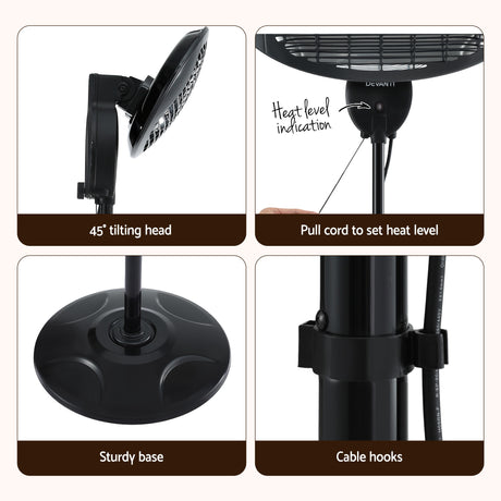 Black electric heater with 45° tilting head, heat level pull cord, sturdy base, cable hooks.