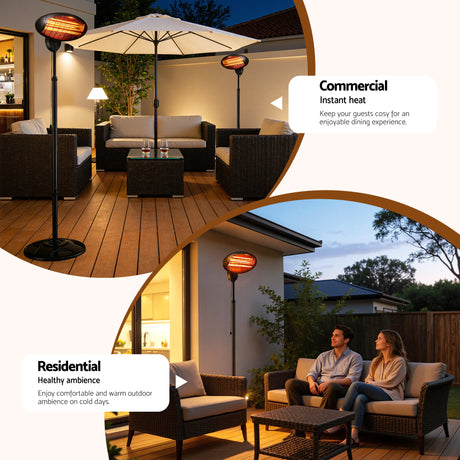 Outdoor patio heater in use beside wicker furniture, creating a warm ambience for evening gatherings
