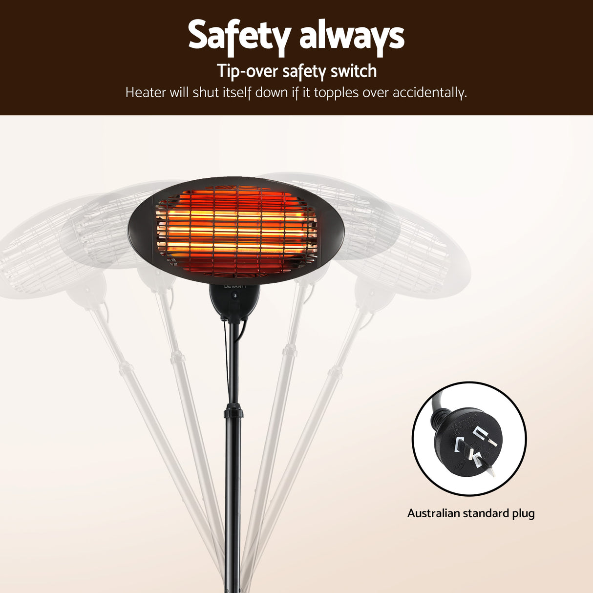 Electric outdoor patio heater with tip-over safety switch and Australian power plug