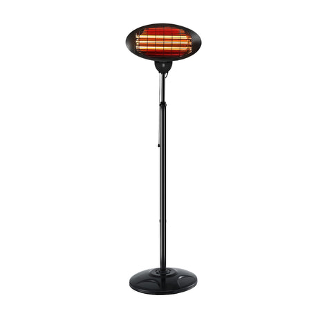 Black freestanding electric patio heater with radiant heating element on white background