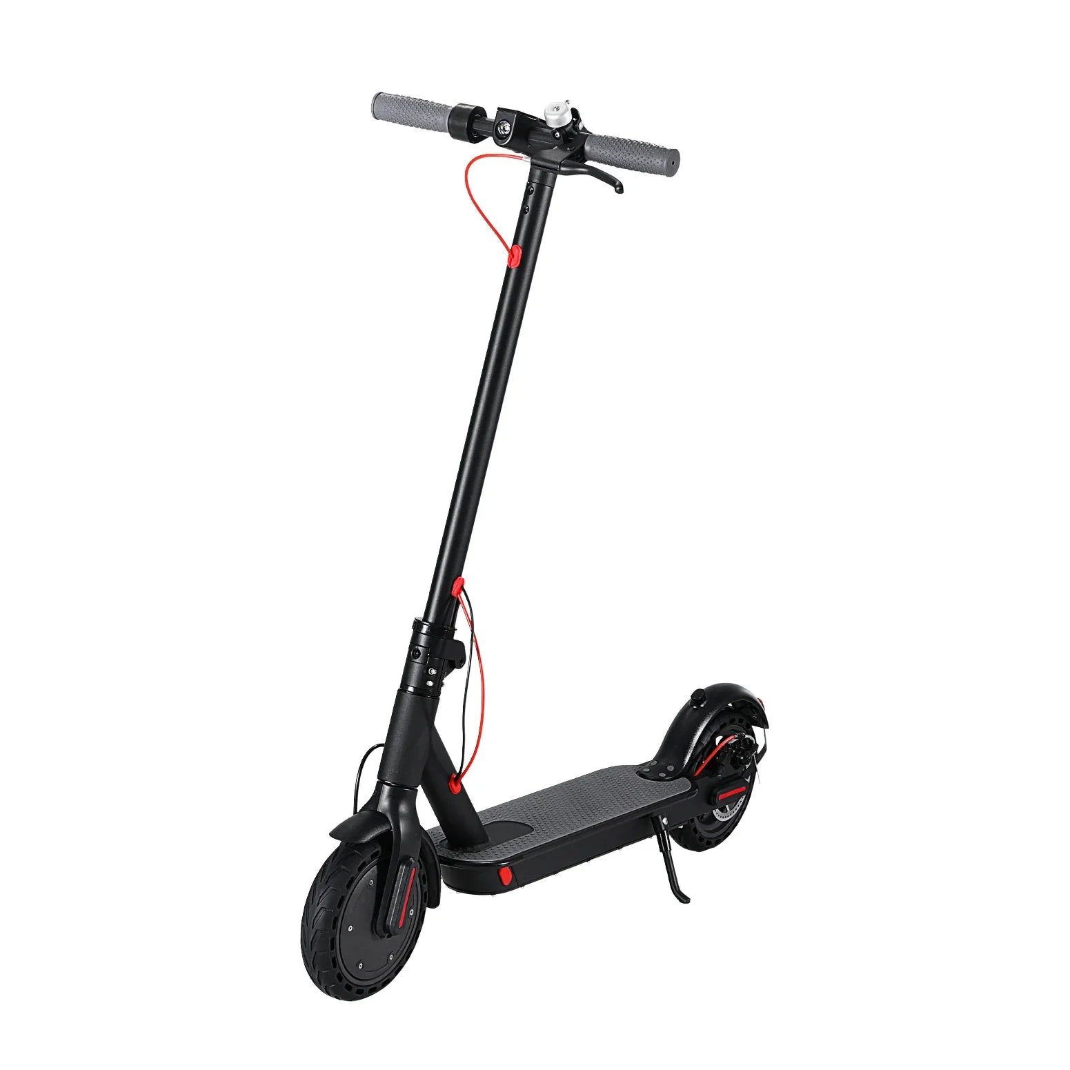 Black electric scooter with red accents and kickstand on white background