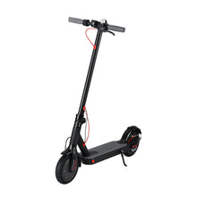 Black electric scooter with red accents and kickstand on white background