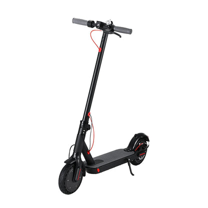 Black electric scooter with red accents and kickstand on white background