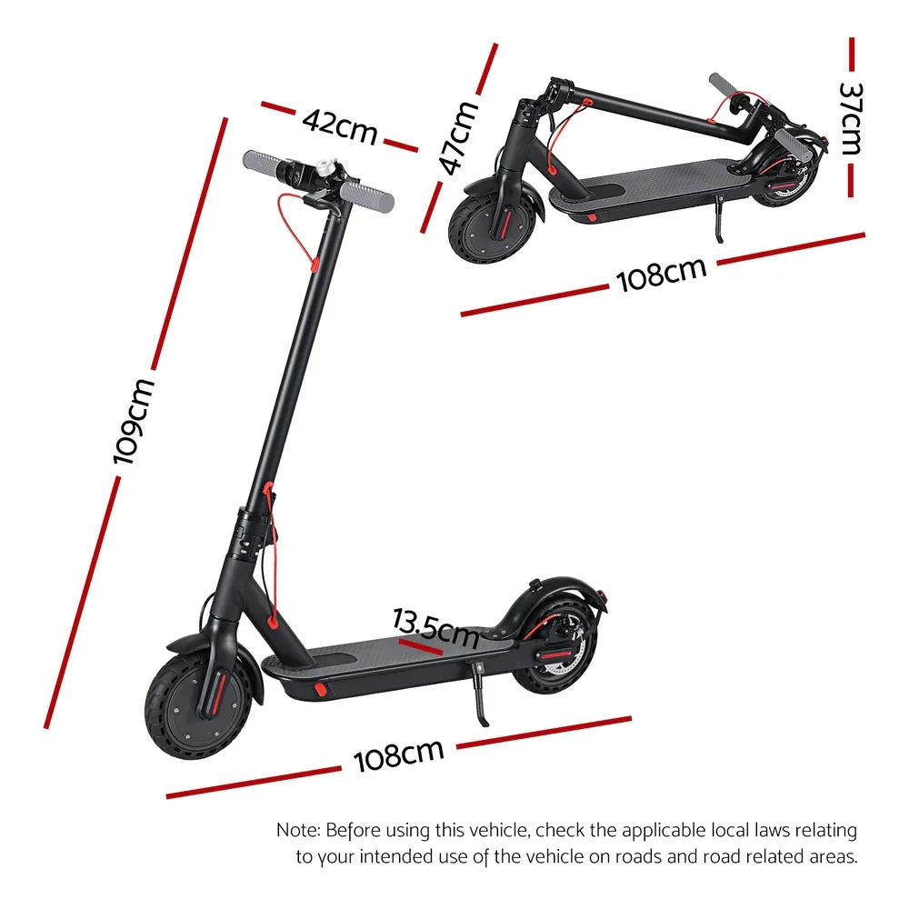 Black foldable electric scooter with measurements, side view and folded view, red accents.